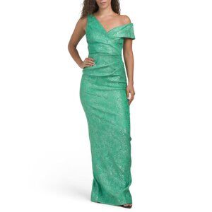 TERI JON Green/Silver Metallic Stretch Jacquard Asymetrical Shoulder Gown